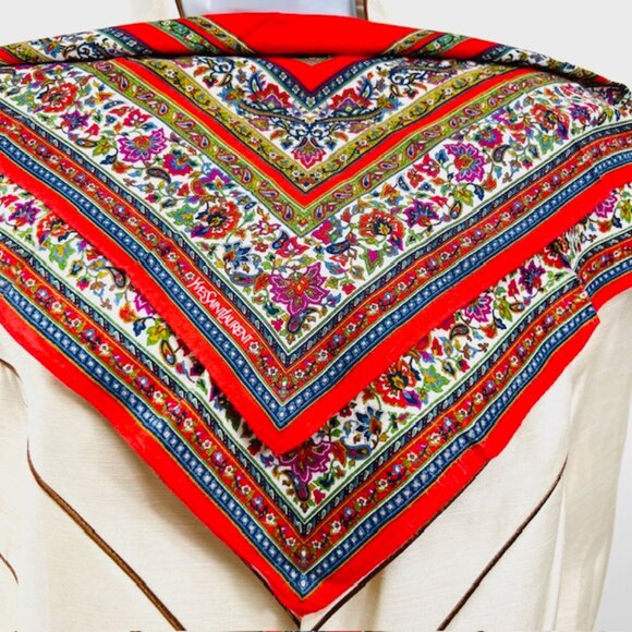 Unused  Yves Saint Laurent Cotton/Silk MiniScarf/Handker Red green Floral (20 - Picture 6 of 6